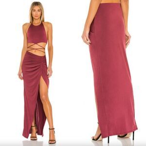 NWT Michael Costello x Revolve burgundy Leah gathered slit maxi skirt